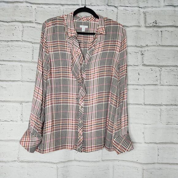 J Jill Button Up Blouse Collared Long Sleeve Multicolor Ruffle Rayon Women Large - Picture 1 of 13